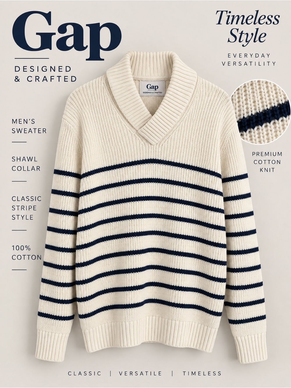 Gap Designed & Crafted Men’s L Cream Navy Stripe Shawl Collar Cotton Sweater